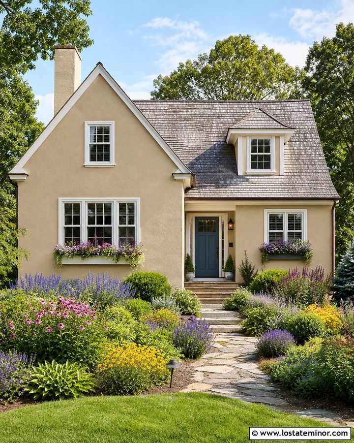 Sand House With Blue Door And Colorful Garden - 30 Sand House Design With Landscaping Ideas