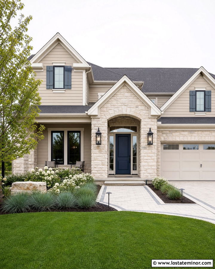 Sand House With Blue Front Door And Stone - 30 Sand House Design With Stone Accents Ideas
