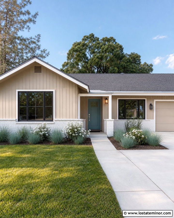 Sand House With Blue Green Front Door And White Brick - 30 Sand House Design With Front Door Ideas