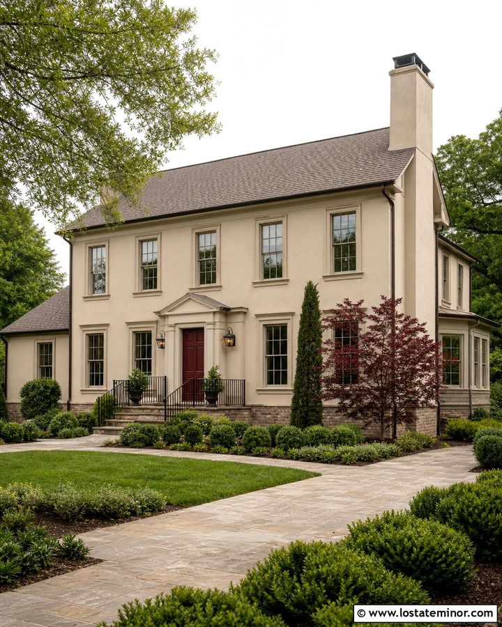 Sand House With Burgundy Front Door And Bronze Details - 30 Sand House Design With Front Door Ideas