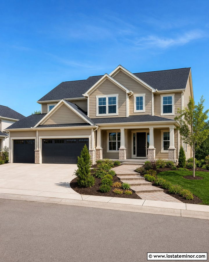 Sand House With Charcoal Garage And Porch Columns - 30 Sand House Design With Porch Columns Ideas