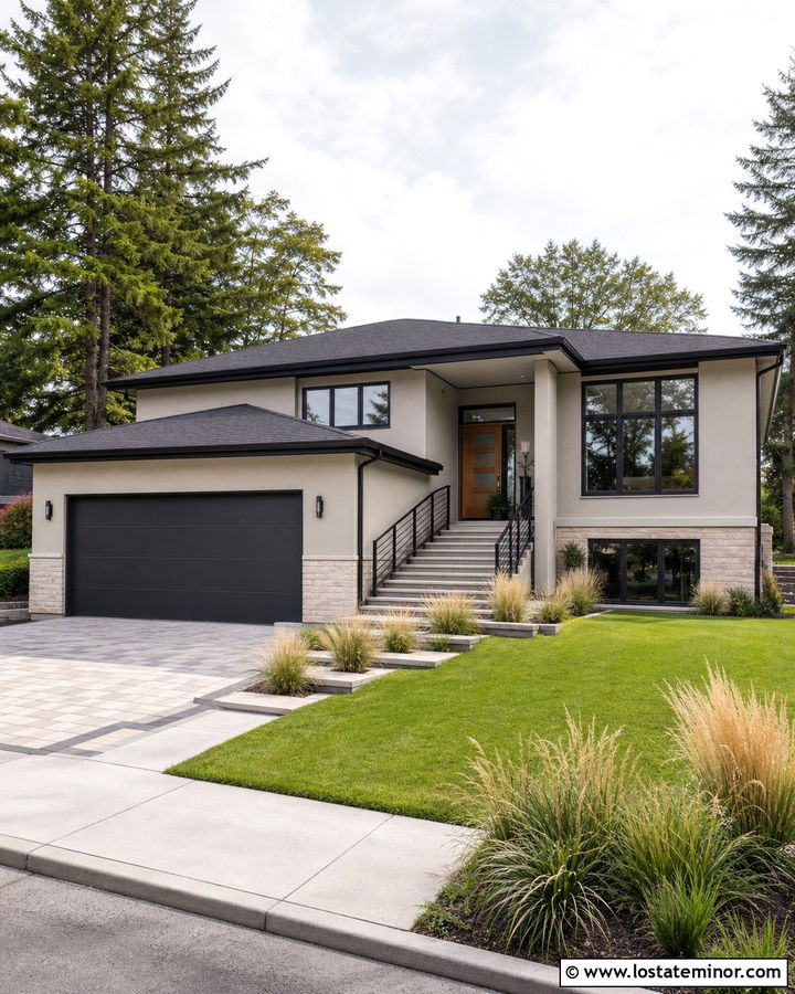 Sand House With Charcoal Garage Door - 30 Sand House Design With Garage Door Ideas