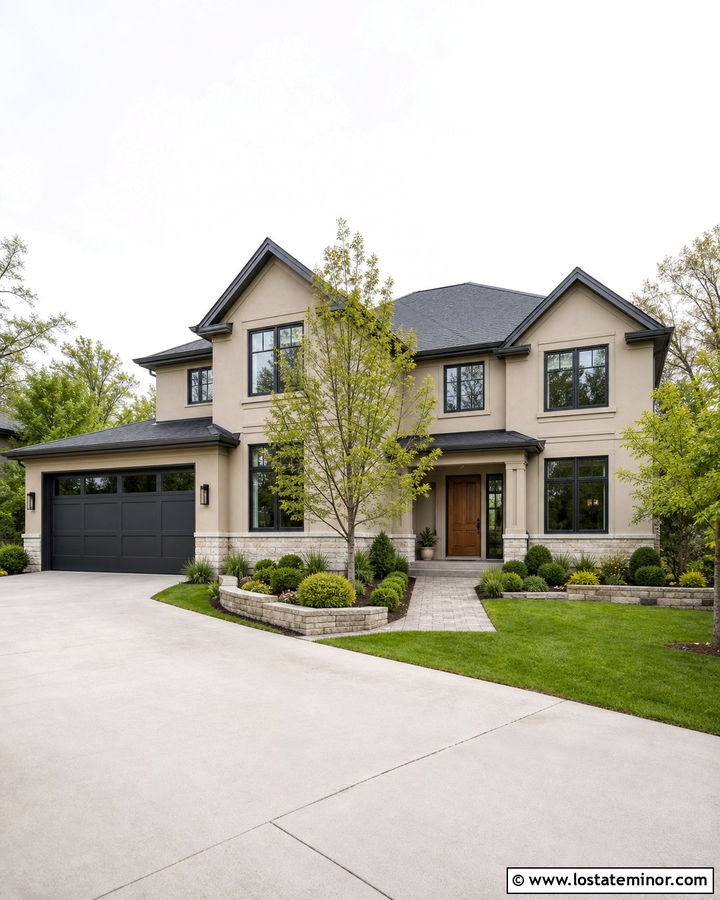 Sand House With Charcoal Garage Doors - 30 Sand House Design With Front Yard Ideas