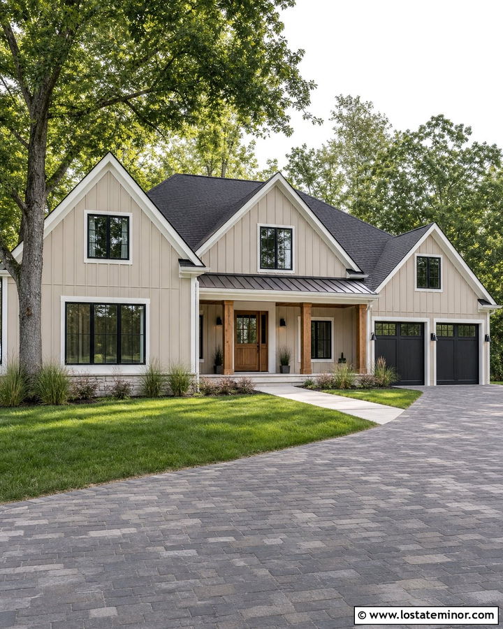 Sand House With Charcoal Paver Driveway - 30 Sand House Design With Driveway Ideas