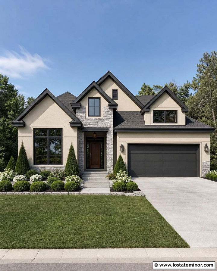 Sand House With Charcoal Trim And Evergreen Beds - 30 Sand House Design With Landscaping Ideas