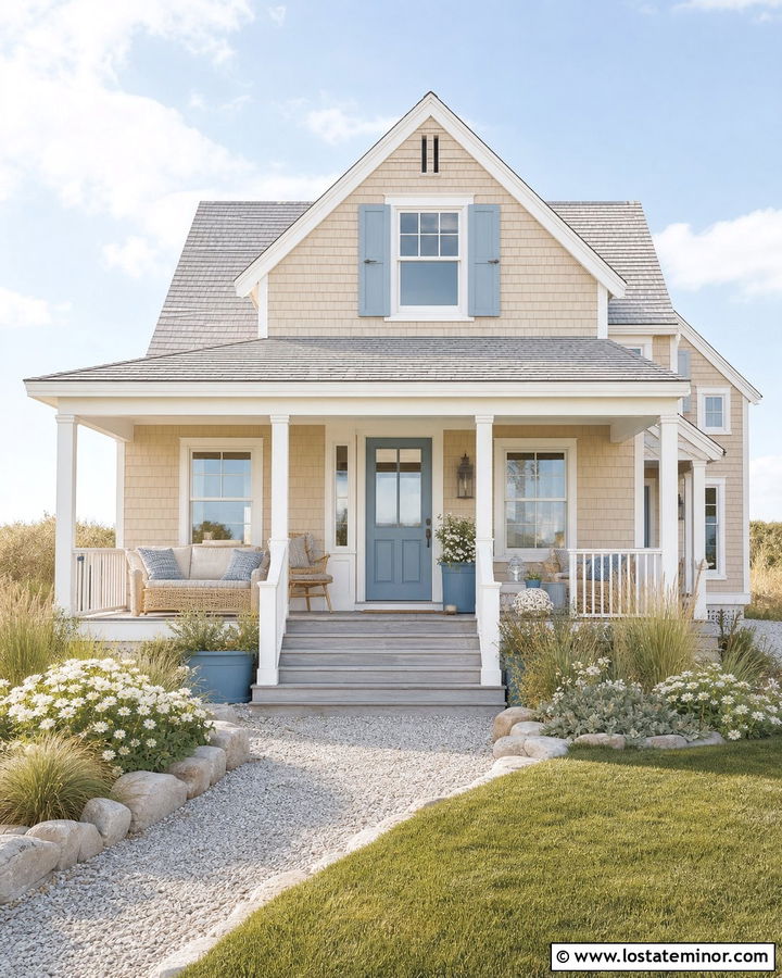 Sand House With Coastal Blue Deck Accents - 30 Sand House Design With Deck Ideas