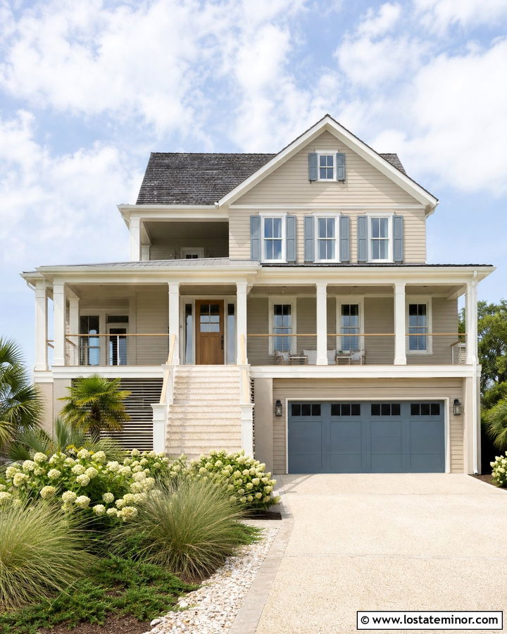 Sand House With Coastal Blue Garage Door - 30 Sand House Design With Garage Door Ideas