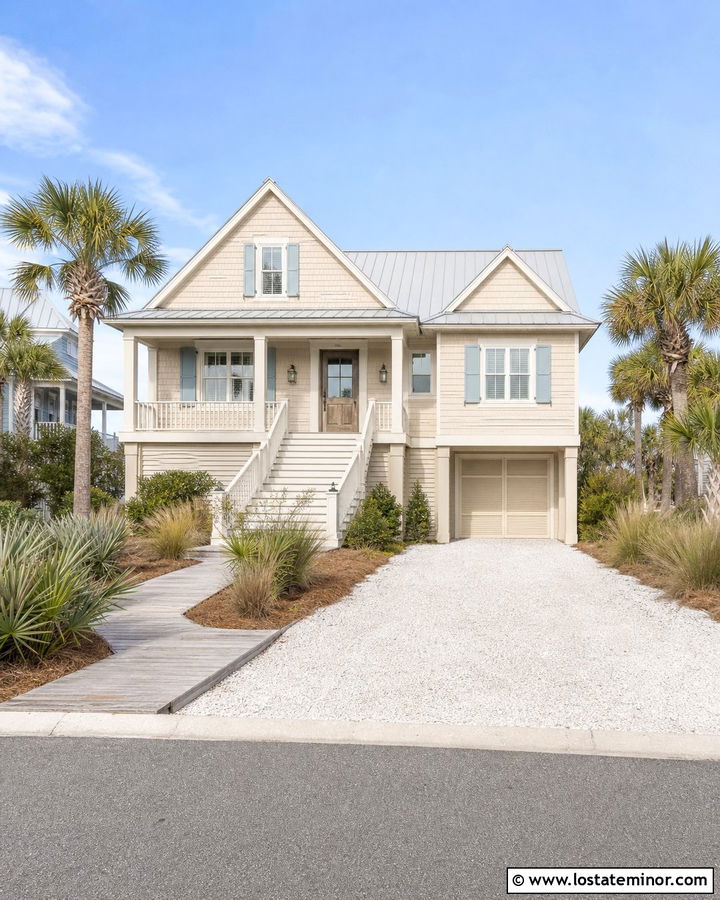 Sand House With Coastal Shell Driveway - 30 Sand House Design With Driveway Ideas