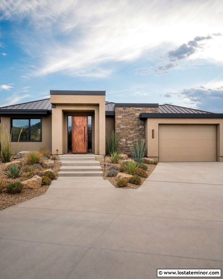 Sand House With Copper Front Door And Dark Trim - 30 Sand House Design With Front Door Ideas