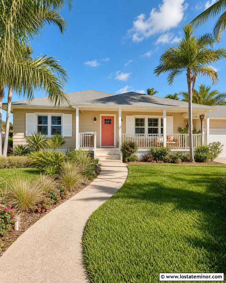 Sand House With Coral Front Door And White Shutters - 30 Sand House Design With Front Door Ideas