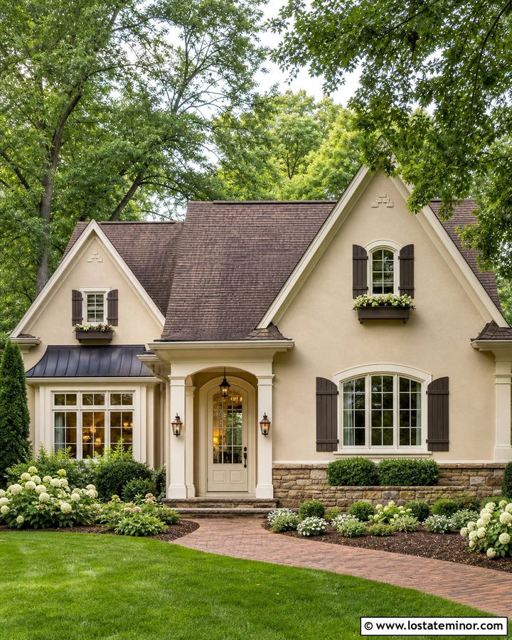 Sand House With Cream Front Door And Brown Shutters - 30 Sand House Design With Front Door Ideas