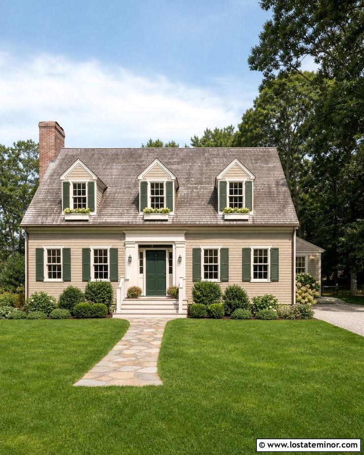 Sand House With Cream Trim And Green Shutters - 30 Sand House Design With Trim Ideas