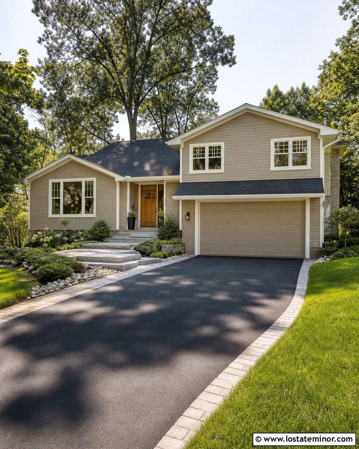 Sand House With Dark Asphalt Driveway - 30 Sand House Design With Driveway Ideas