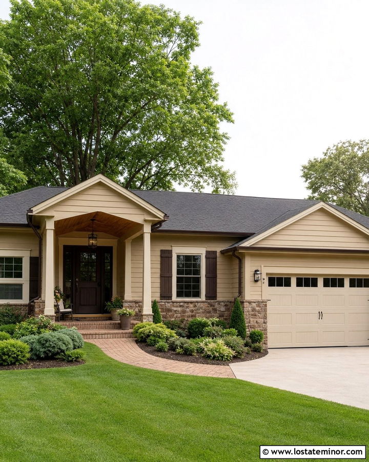 Sand House With Dark Brown Front Door And Cream Garage - 30 Sand House Design With Front Door Ideas