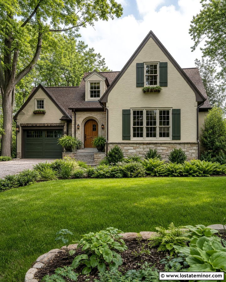 Sand House With Dark Green Garage Door - 30 Sand House Design With Garage Door Ideas