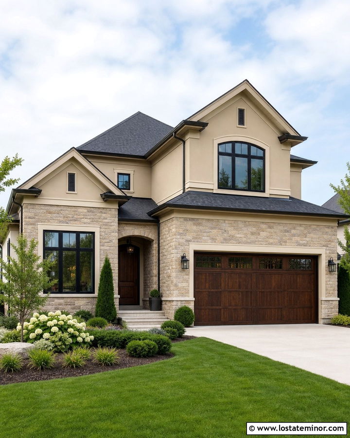 Sand House With Dark Walnut Garage Door - 30 Sand House Design With Garage Door Ideas