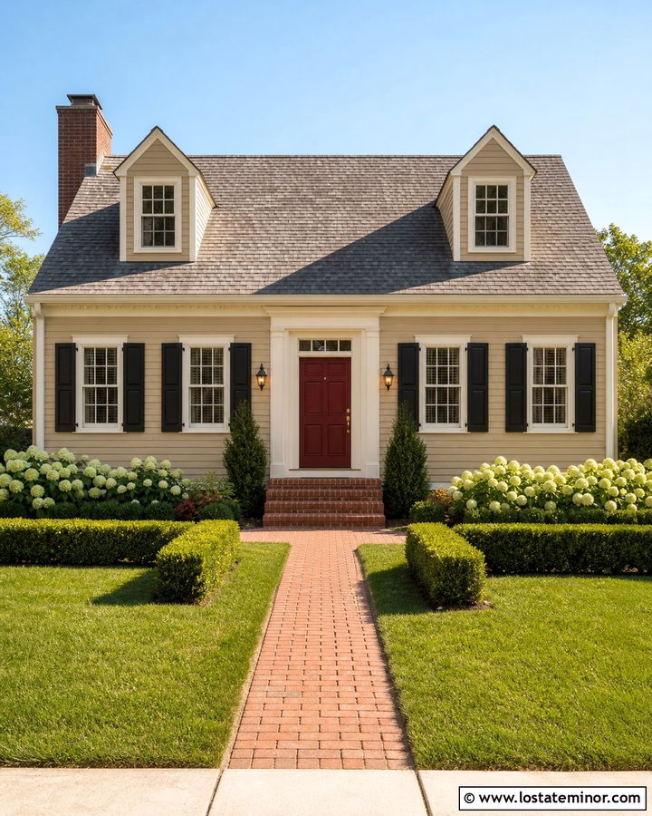 Sand House With Deep Red Front Door And Black Shutters - 30 Sand House Design With Front Door Ideas