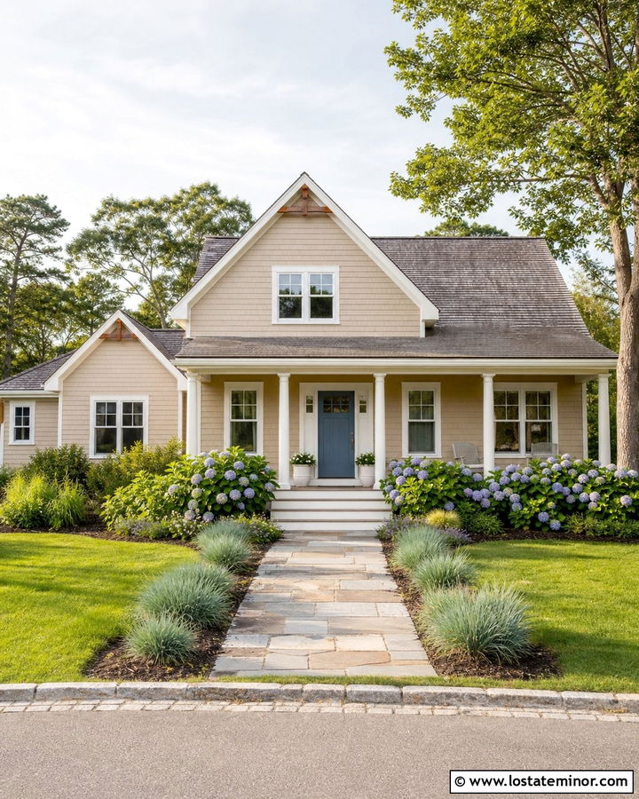 Sand House With Dusty Blue Front Door And Cedar Accents - 30 Sand House Design With Front Door Ideas