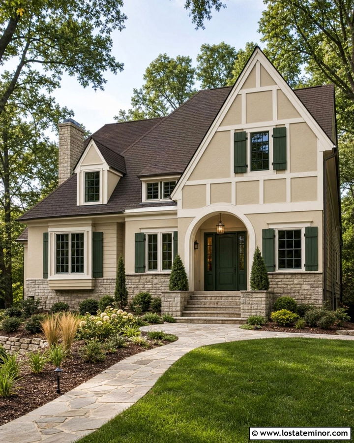 Sand House With Forest Green Front Door And Stone Accents - 30 Sand House Design With Front Door Ideas