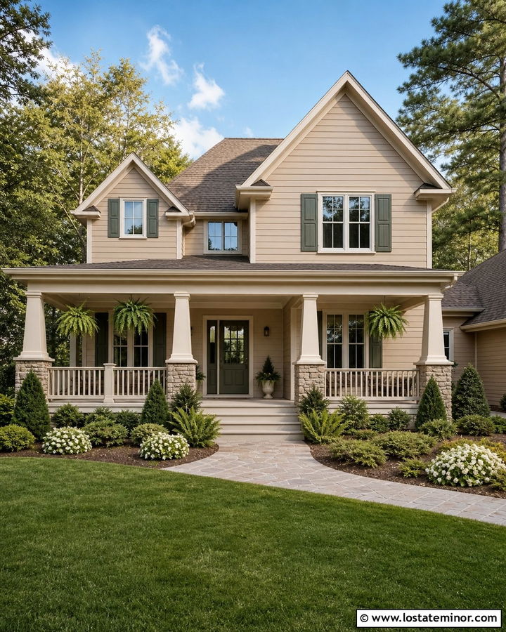 Sand House With Green Door And Cream Porch Columns - 30 Sand House Design With Porch Columns Ideas