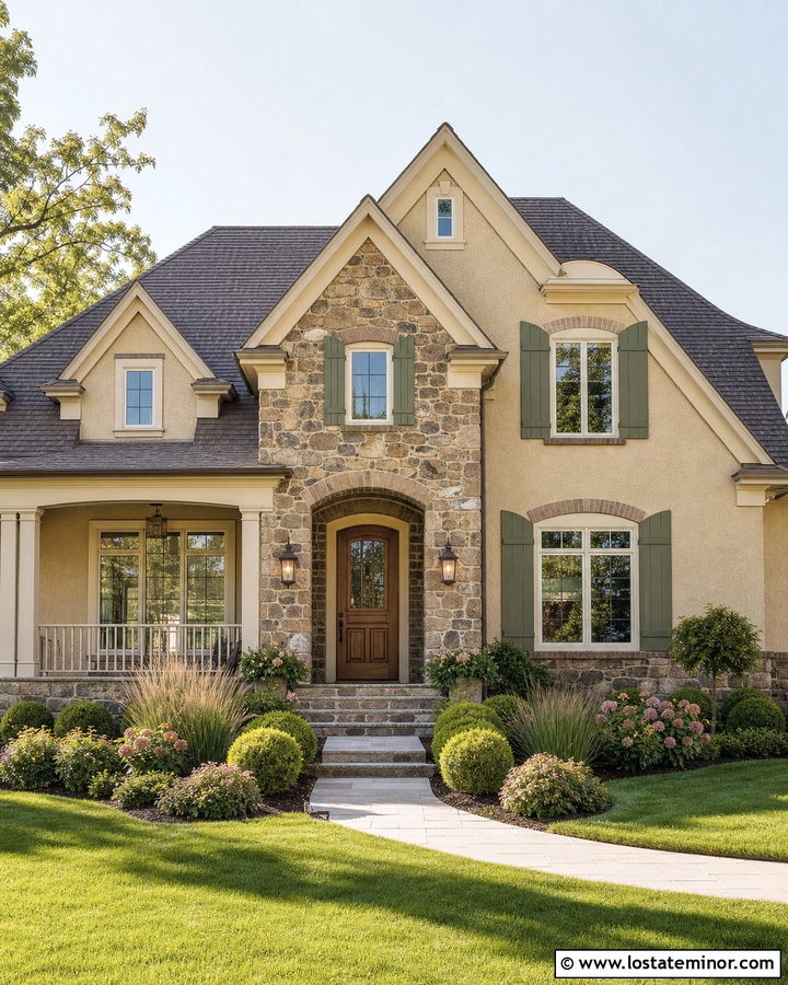 Sand House With Green Shutters And Stone - 30 Sand House Design With Stone Accents Ideas