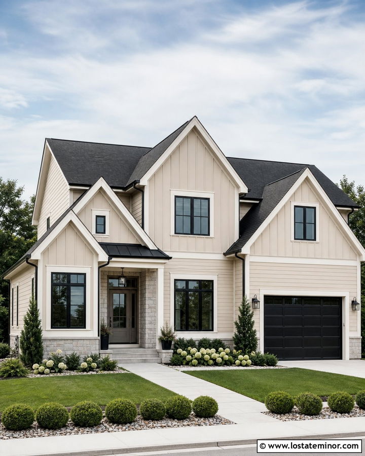 Sand House With Greige Front Door And Black Roof - 30 Sand House Design With Front Door Ideas