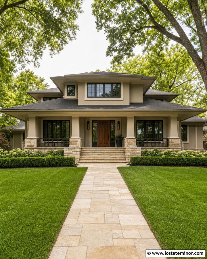 Sand House With Mahogany Front Door And Black Railings - 30 Sand House Design With Front Door Ideas
