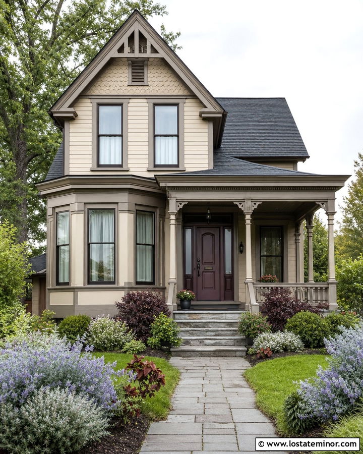 Sand House With Muted Plum Front Door And Taupe Trim - 30 Sand House Design With Front Door Ideas