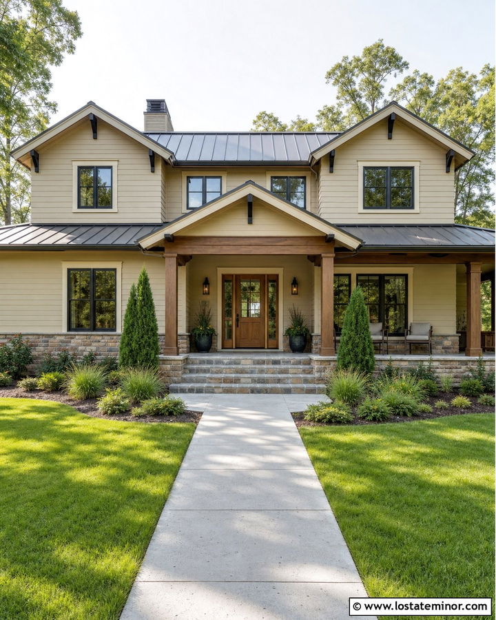 Sand House With Natural Wood Door Portico - 30 Sand House Design With Portico Ideas
