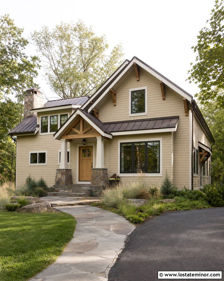 Sand House With Natural Wood Front Door And Stone Porch - 30 Sand House Design With Front Door Ideas
