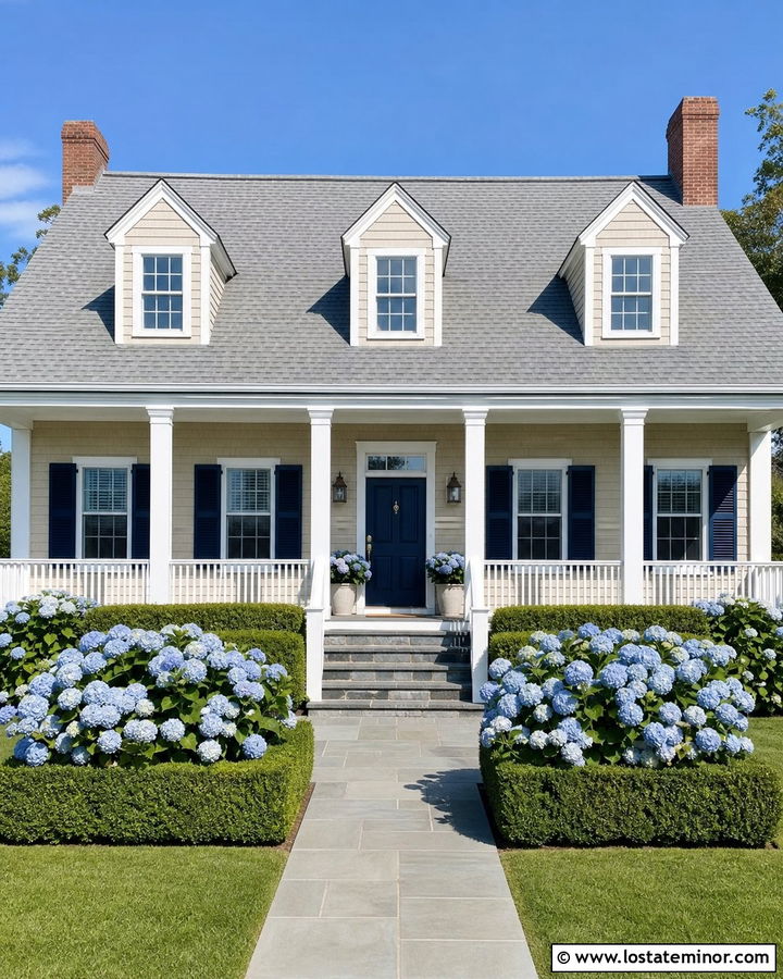 Sand House With Navy Blue Front Door - 30 Sand House Design With Front Porch Ideas
