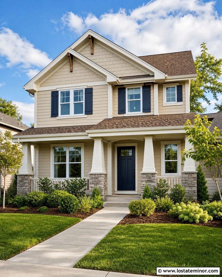 Sand House With Navy Front Door And White Columns - 30 Sand House Design With Front Door Ideas