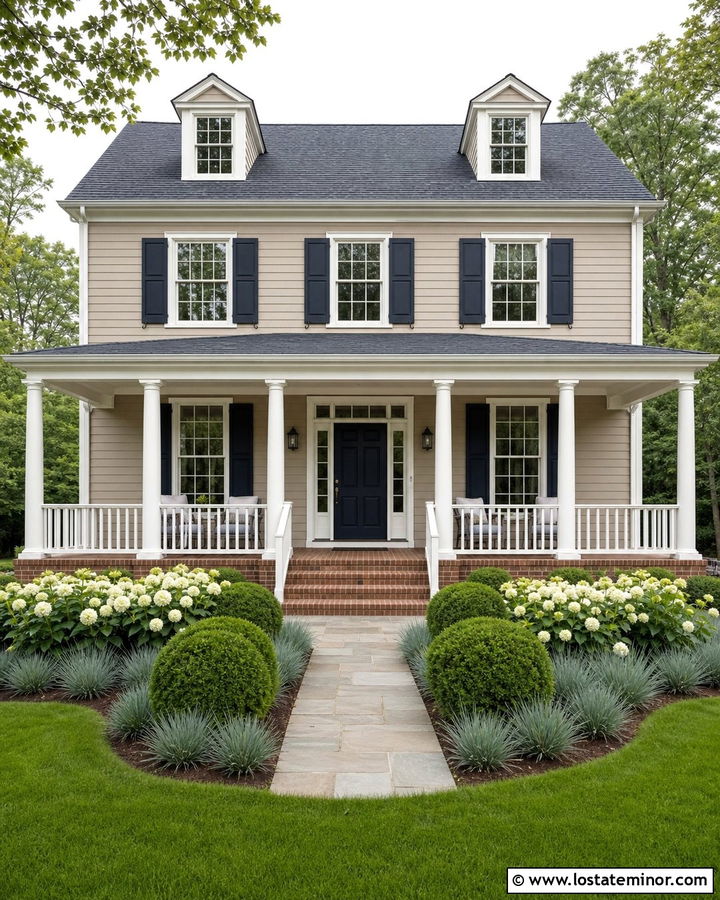 Sand House With Navy Shutters And White Porch Columns - 30 Sand House Design With Porch Columns Ideas