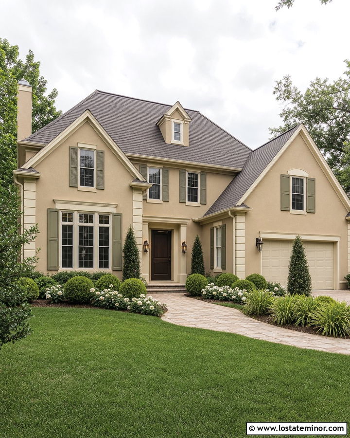 Sand House With Olive Green Shutters - 30 Sand House Design With Front Yard Ideas