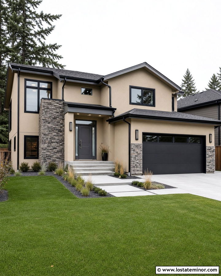 Sand House With Pewter Front Door And Dark Garage - 30 Sand House Design With Front Door Ideas
