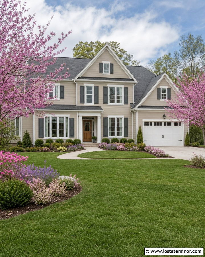 Sand House With Pink Flowering Trees - 30 Sand House Design With Landscaping Ideas