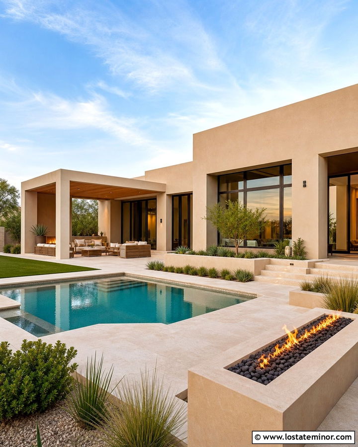 Sand House With Pool And Fire Feature - 30 Sand House Design With Swimming Pool Ideas