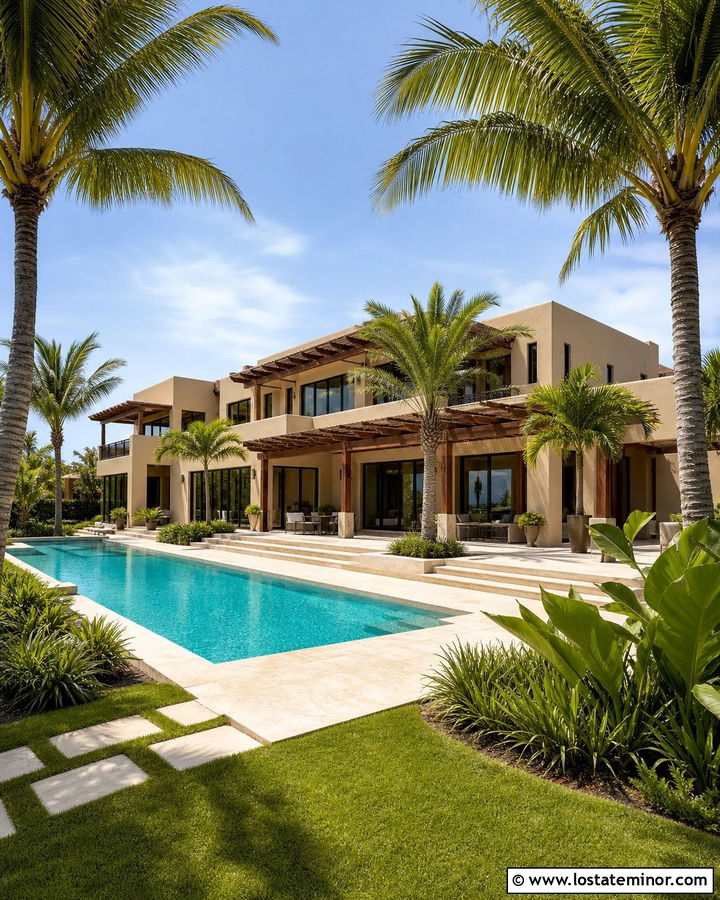 Sand House With Pool And Palm Landscaping - 30 Sand House Design With Swimming Pool Ideas