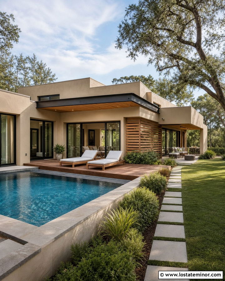 Sand House With Pool And Wood Deck - 30 Sand House Design With Swimming Pool Ideas