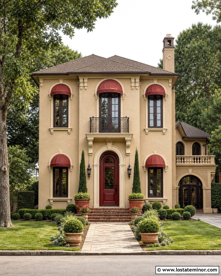 Sand House With Red Window Awnings - 30 Sand House Design With Awning Ideas