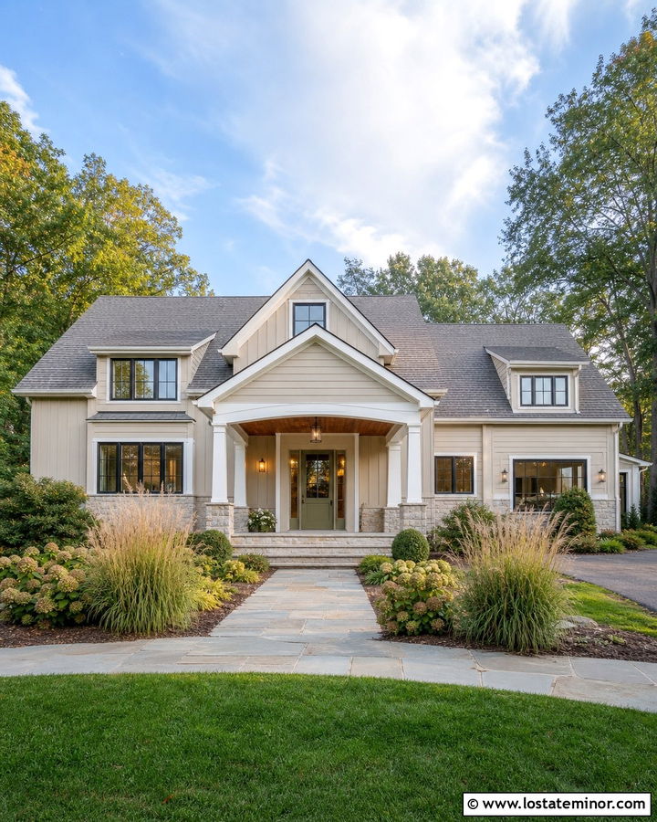 Sand House With Sage Green Door Portico - 30 Sand House Design With Portico Ideas