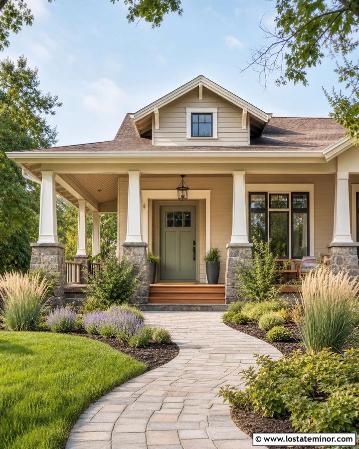 Sand House With Sage Green Front Door And Cream Trim - 30 Sand House Design With Front Door Ideas