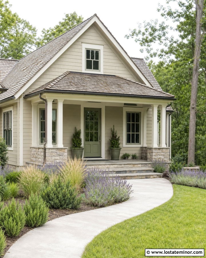 Sand House With Sage Green Front Door - 30 Sand House Design With Front Porch Ideas