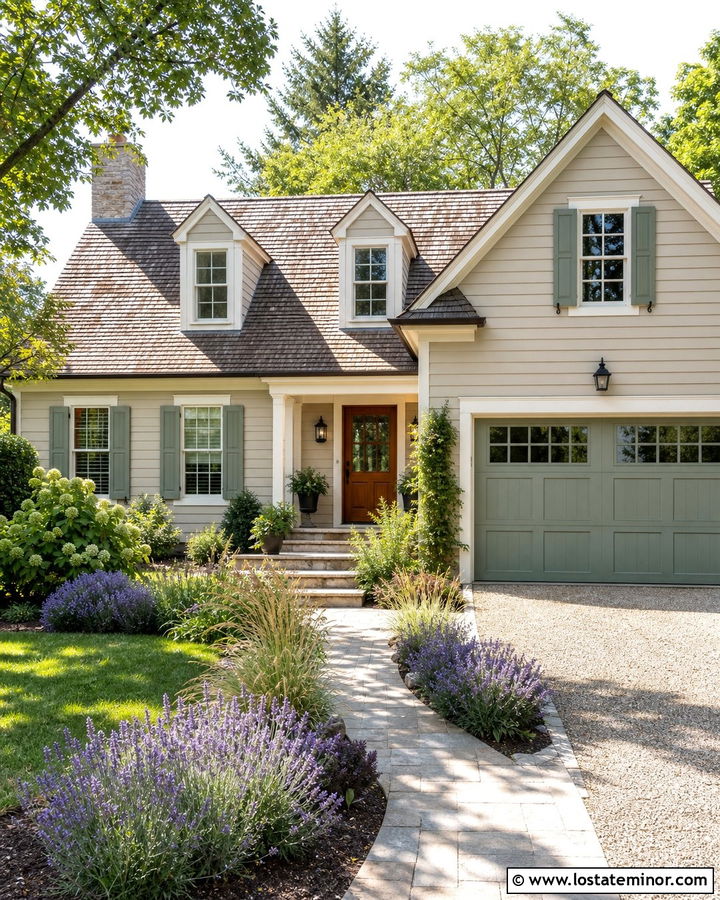Sand House With Sage Green Garage Door - 30 Sand House Design With Garage Door Ideas
