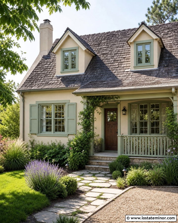 Sand House With Sage Green Window Frames - 30 Sand House Design With Window Frames Ideas