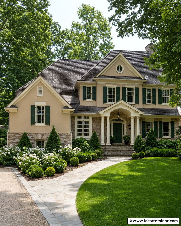 Sand House With Shutters And Stone Accents - 30 Sand House Design With Shutters Ideas