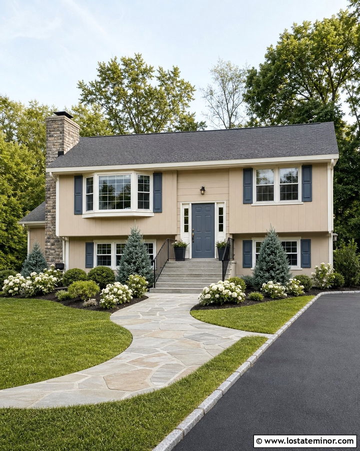 Sand House With Slate Blue Front Door And Stone Chimney - 30 Sand House Design With Front Door Ideas