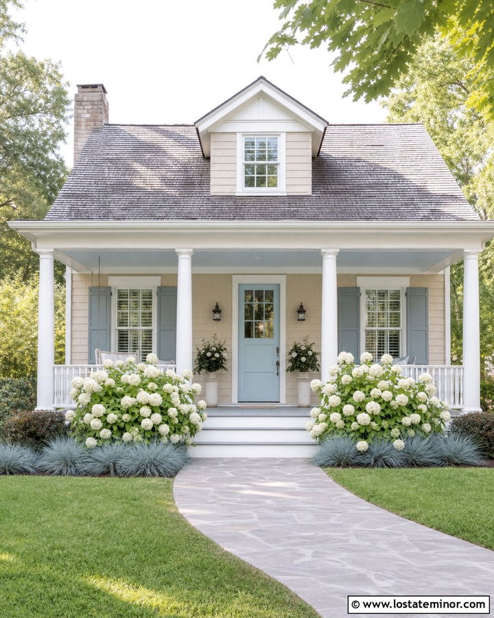 Sand House With Soft Blue Front Door And Gray Shutters - 30 Sand House Design With Front Door Ideas