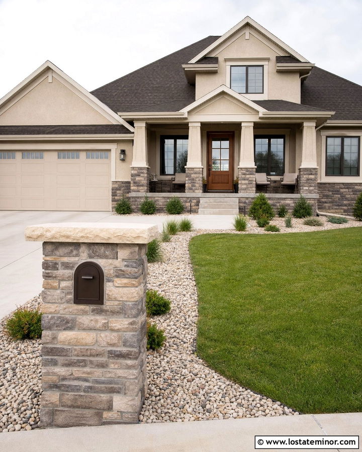 Sand House With Stone Column Mailbox - 30 Sand House Design With Mailbox Ideas
