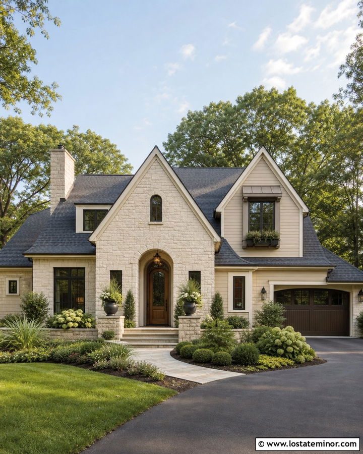 Sand House With Stone Entry Gable - 30 Sand House Design With Gables Ideas